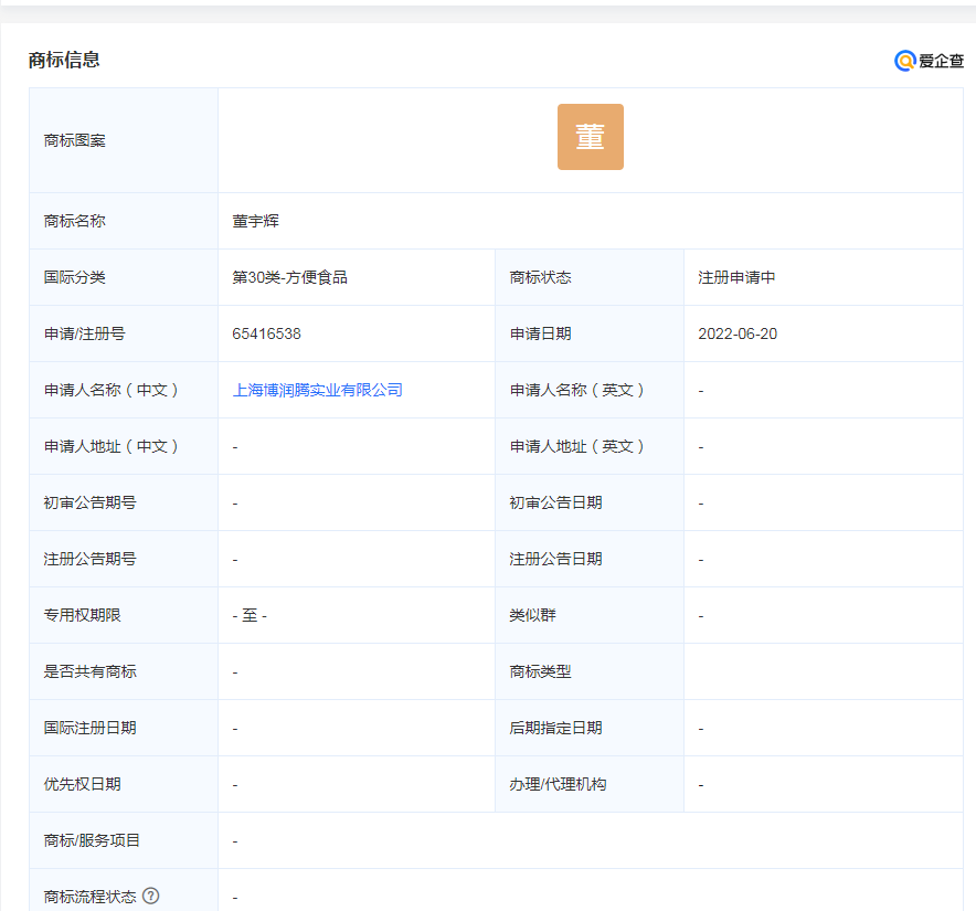 “董宇辉”被抢注商标，持有人是上海某企业